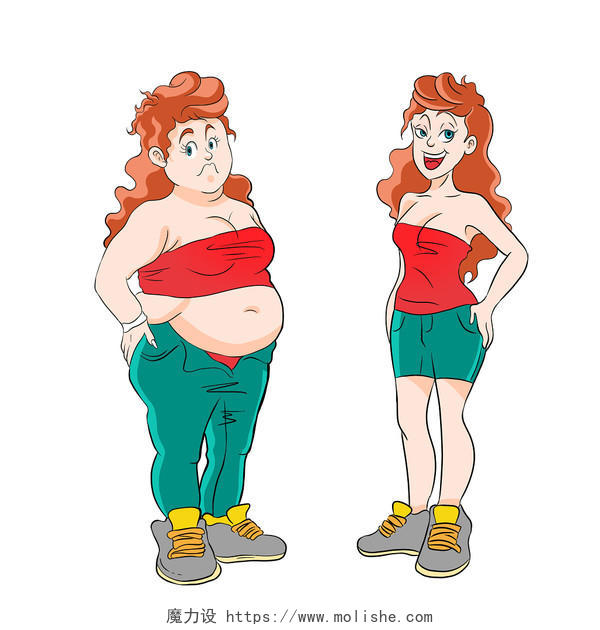 全民健身日女孩减肥前后对比全民健身插画素材元素